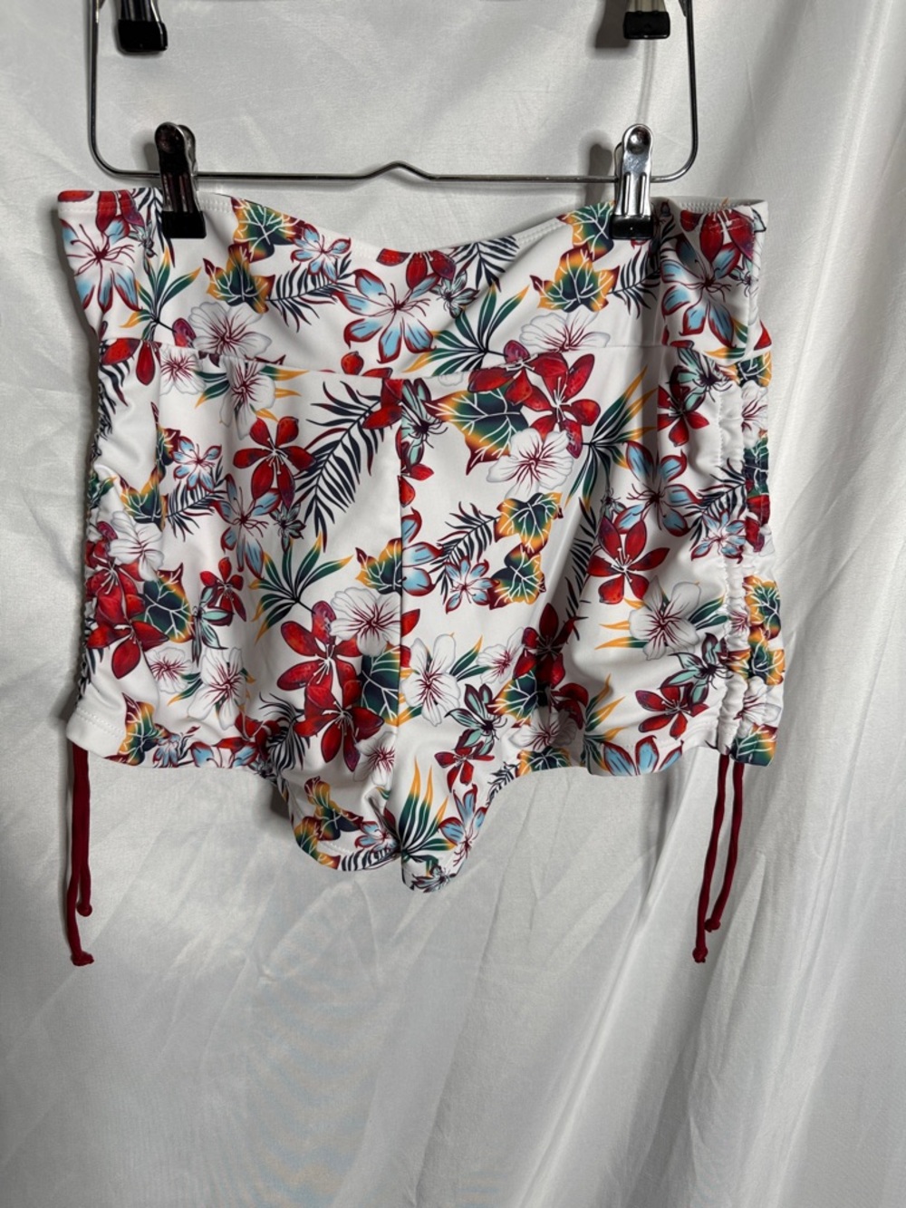 SHEIN White Floral Ruched High-Waist Bikini Bottoms with Red Accents